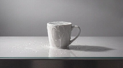 Obraz premium Minimalist studio shot of fresh white milk overflowing from a ceramic coffee mug onto a clean white surface, capturing the dynamic motion of liquid splashing and dripping in high-key lighting.