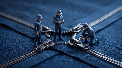 Obraz premium Miniature construction worker figurines collaborating to repair and assemble multiple metallic zippers on a blue denim fabric background, representing teamwork, industrial maintenance, and precision