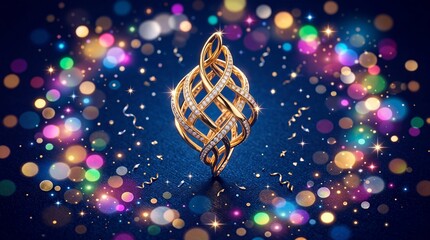 Obraz premium Luxury Elegant Gold Jewelry Piece with Diamonds Floating Over a Dark Blue Background with Festive Colorful Bokeh Lights and Golden Confetti for Celebratory Gift Concepts
