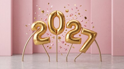 Obraz premium Happy New Year 2027 Celebration Concept with Golden Foil Number Balloons and Confetti on a Pink Pastel Background with Decorative Arches and 3D Festive Elements for Holiday Greeting Cards