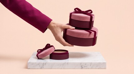 Obraz premium Close up of a woman's hand holding a stack of elegant round velvet gift boxes in pink and burgundy colors with ribbons over a marble slab against a peach background for luxury branding.