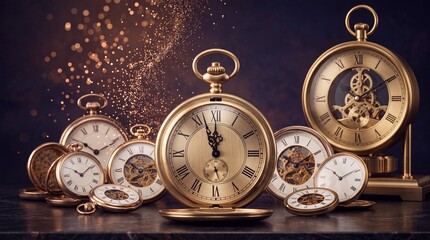 Obraz premium Elegant collection of vintage golden pocket watches and antique mechanical clocks with roman numerals and visible internal gears arranged on a dark table with magical golden bokeh sparkles.