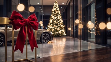Obraz premium Modern Luxury Car in a High-End Showroom Decorated for Christmas Featuring a Large Red Velvet Gift Bow in the Foreground and a Brightly Lit Holiday Tree in the Background for Festive Promotions.
