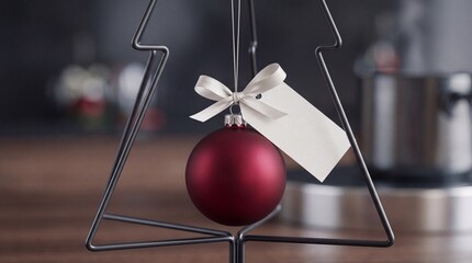 Obraz premium Minimalist Christmas decoration featuring a matte red bauble with a blank gift tag and white ribbon bow hanging on a modern black wire tree frame against a blurred festive home background.