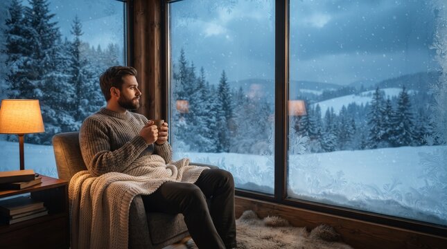 A man relaxes in a cozy armchair, holding a warm mug while gazing out at a serene snow-covered mountain landscape through a large window.