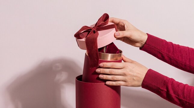 Woman Hands Opening Elegant Nested Burgundy and Pink Gift Boxes with Velvet Ribbon, Luxury Surprise Presentation Concept for Valentine's Day, Birthday or Holiday Celebration Background
