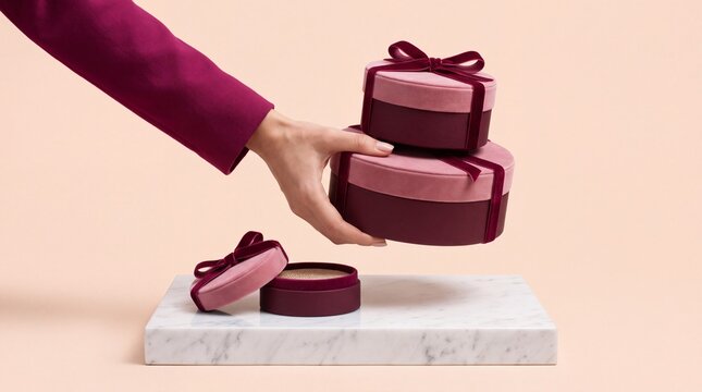 Close up of a woman's hand holding a stack of elegant round velvet gift boxes in pink and burgundy colors with ribbons over a marble slab against a peach background for luxury branding.