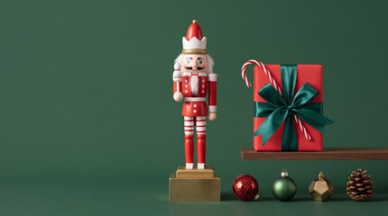 Obraz premium Festive Christmas Still Life Featuring a Traditional Red Wooden Nutcracker Soldier, a Wrapped Red Gift Box with Green Ribbon, Candy Cane, and Holiday Ornaments on a Minimalist Green Background.