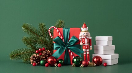 Obraz premium Festive Christmas still life composition featuring a red gift box with green ribbon, a traditional nutcracker soldier, candy cane, pine branches, and ornaments on a dark green background.