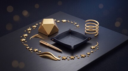Obraz premium Elegant Collection of Golden Desk Accessories and Decorative Objects Including a Pen, Tray, and Geometric Sculptures Arranged on a Sophisticated Dark Surface for a Luxury Office Concept.