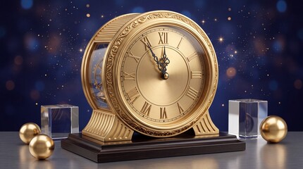 Obraz premium Luxury Vintage Golden Mantel Clock with Roman Numerals Against a Dark Blue Bokeh Background with Golden Spheres and Sparkles, Perfect for New Year Countdown or Elegant Time Management Concept