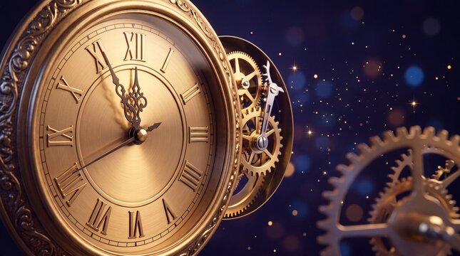 Elegant Antique Golden Clock with Intricate Exposed Mechanical Gears and Roman Numerals Set Against a Dreamy Bokeh Background with Shimmering Particles for Time Management and History Concept