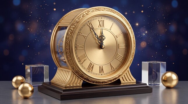 Luxury Vintage Golden Mantel Clock with Roman Numerals Against a Dark Blue Bokeh Background with Golden Spheres and Sparkles, Perfect for New Year Countdown or Elegant Time Management Concept