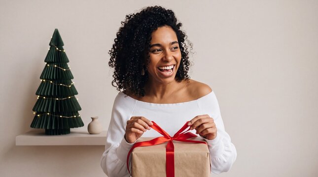 Cheerful young African American woman with curly hair opening a Christmas gift box wrapped in brown paper with a red ribbon, standing in a festive room with a stylized holiday tree.