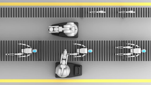 Flat view animation of two robotic hands connecting a leg to a humanoid robot on a conveyor belt, moving and then welding.