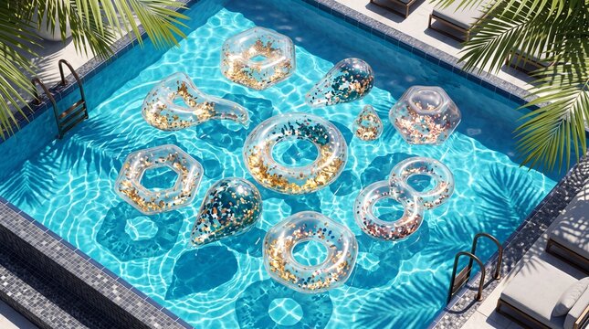 High Angle View of a Luxury Swimming Pool with Multiple Transparent Inflatable Floats and Rings Filled with Sparkling Golden Confetti, Tropical Resort Vacation and Summer Party Concept