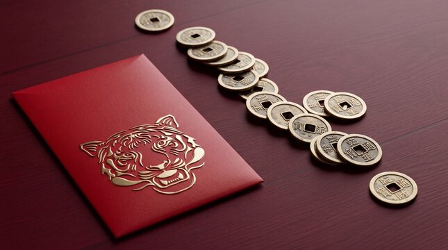 Traditional Chinese New Year red envelope featuring a golden tiger head emblem next to a row of ancient bronze feng shui coins on a dark wooden surface, representing wealth and lunar prosperity.