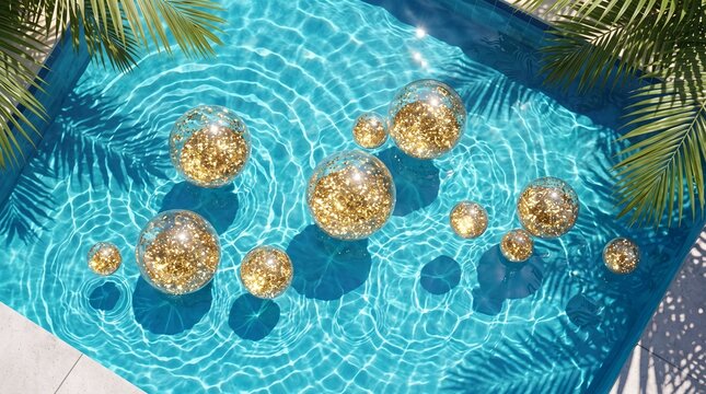 Luxury Tropical Swimming Pool Background with Gold Glitter Floating Spheres and Palm Leaf Shadows on Clear Blue Ripple Water, Summer Vacation and Celebration Concept at High Angle