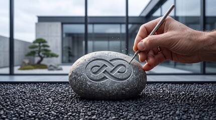 Obraz premium Close-up of a Craftsman Hand Carving an Infinity Symbol into a Smooth Stone in a Modern Zen Garden Setting, Representing Eternity, Mindfulness, and Precise Handcraftsmanship