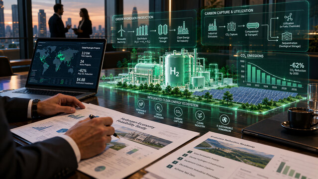 Energy consultant hands near laptop with floating 3D hydrogen plant and industrial decarbonization hologram