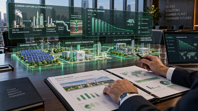 Energy consultant hands near laptop with floating 3D hydrogen plant and industrial decarbonization hologram