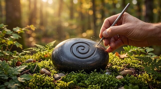 Close-up of an artist hand engraving a spiral symbol onto a smooth black stone in a lush mossy forest during sunset, reflecting concepts of spirituality, ancient craft, and nature harmony.