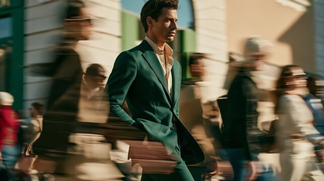Elegant Man in Emerald Green Jacket and Ivory Silk Shirt with Motion Blurred Pedestrians, Daytime Urban Fashion Portrait, Christmas and New Year Menswear Campaign
