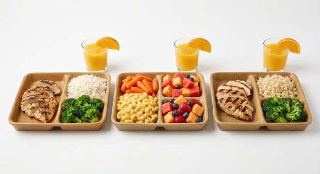 Assorted Healthy Balanced Meal Prep Trays Featuring Grilled Chicken, Steamed Broccoli, White and Brown Rice, Macaroni and Cheese, Fresh Berries, Melons, and Carrots with Glasses of Orange Juice.