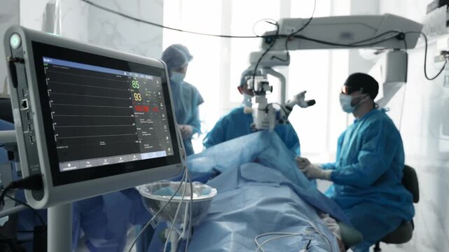 Patient monitoring during ophthalmic surgery with the medical team working in the background.
