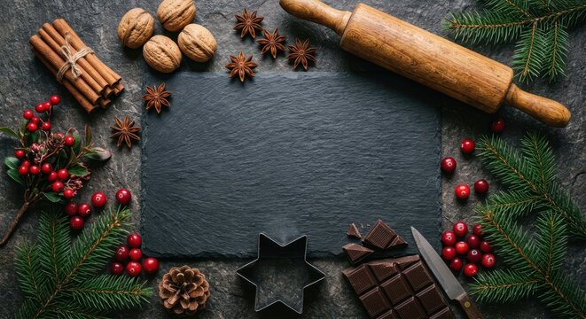 Top view of a blank slate board framed by Christmas baking ingredients, winter spices, dark chocolate, and pine branches on a dark stone surface, providing ample copy space for festive menus.