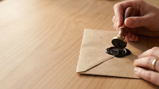 A hand using a vintage wax stamp to seal a rustic brown paper envelope on a simple light wooden desk
