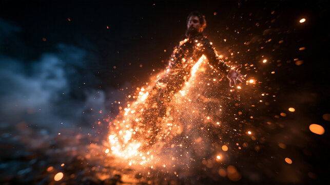 Man Transforming into Glowing Fiery Sparks and Embers