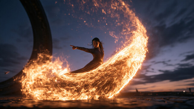 Woman Controlling Swirling Flame Elemental Magic at Twilight