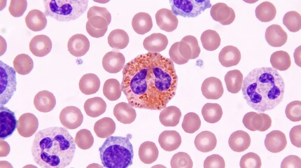 Fototapeta premium Illustrative image of eusinophylls and other blood cells seen through a microscopy 
