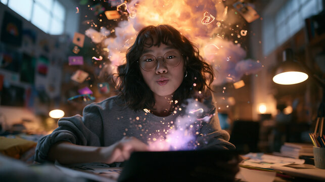 Creative Asian Woman Using Digital Tablet with Glowing Magic Effects