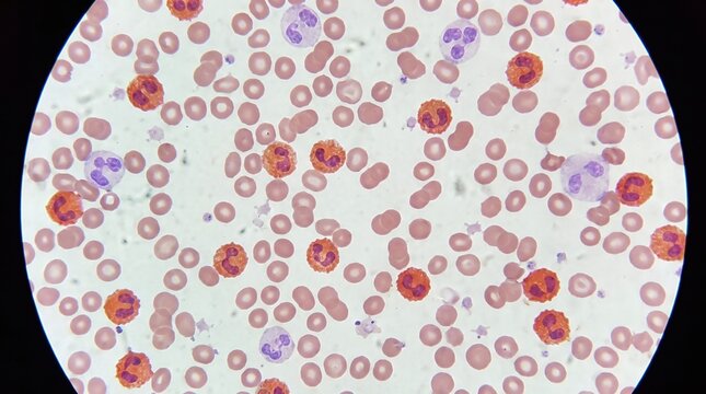 Illustrative image of eusinophylls and other blood cells seen through a microscopy	