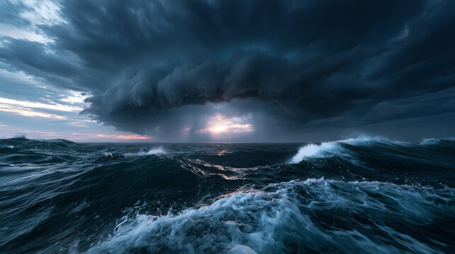 Dramatic Storm Clouds Over Rough Ocean Waters at Sea