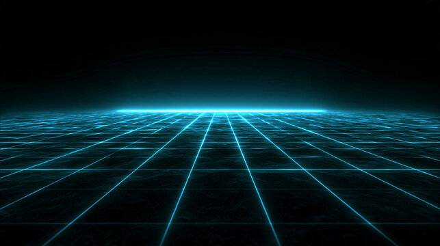 Futuristic Cyber Grid Background with Neon Blue Horizon