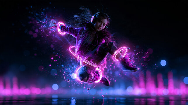Female Dancer Jumping with Glowing Neon Music Light Effects