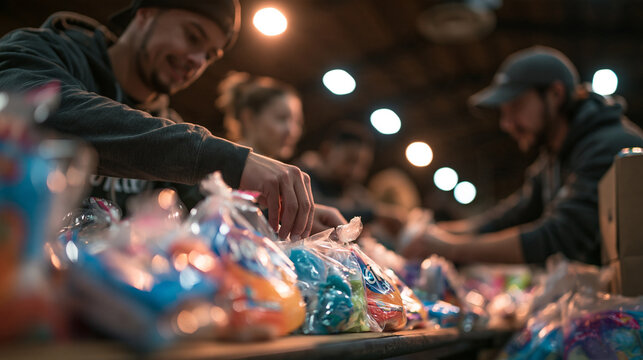 Volunteers Packing Donation Bags at Community Charity Food Drive