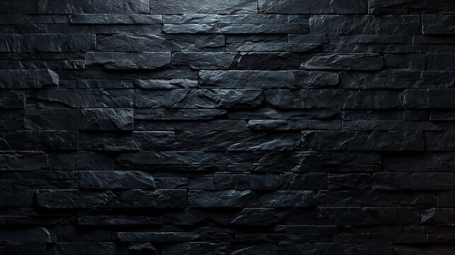 Black Slate Stone Wall Texture Background with Dramatic Lighting
