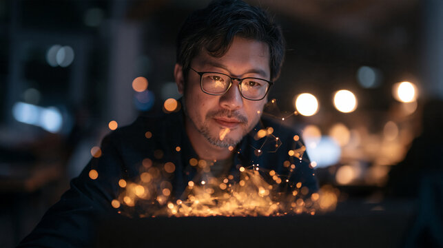 Asian Software Developer Working with AI Data at Night