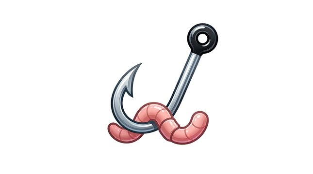 Cartoon worm on fishing hook bait illustration.
