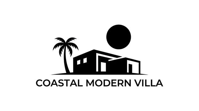 Minimalist coastal modern villa logo with palm tree.
