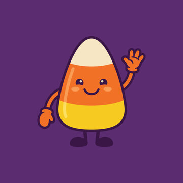 Cute waving candy corn character for Halloween celebrations.