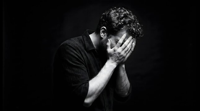 A portrait for Men's Day focusing on mental health awareness showing a distressed man covering his face in despair against a dark background