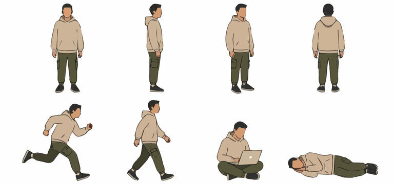 Flat vector faceless male character turnaround and pose sheet for UI animation and explainer videos