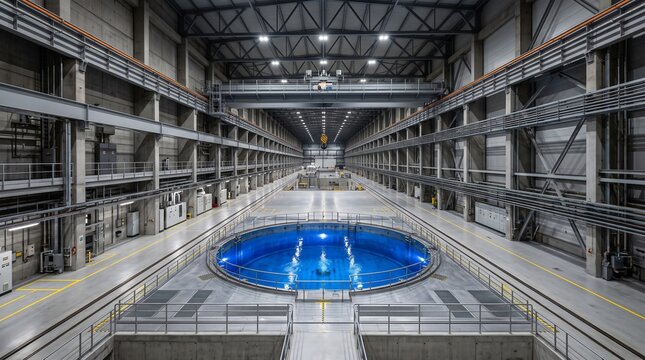 Reactor Hall Circular Pool Seen From Above In A Vast Symmetric Hall With Crane Rails, Galleries And A Hanging Crane Hook