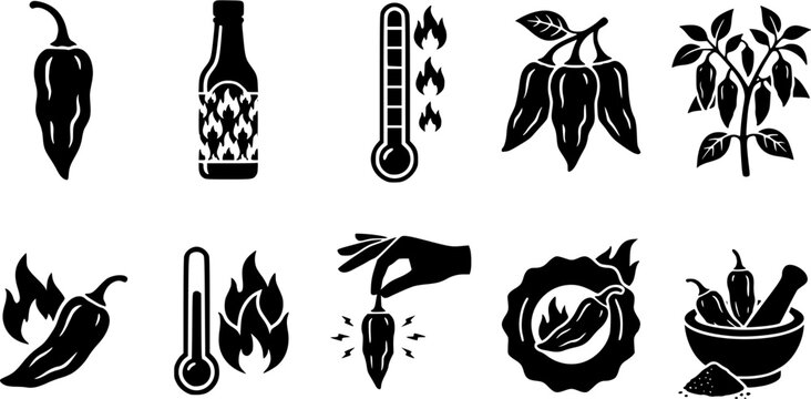 Ghost Pepper & Scoville Icon Silhouette Icon Set. Collection of food & culinary silhouettes, including ghost pepper & scoville icon, detailed spicy food and hot sauce shapes, and more.