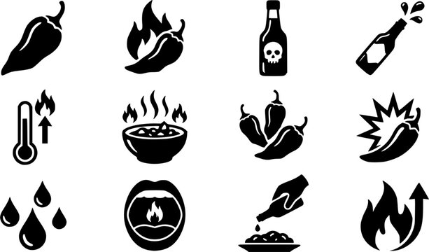 Ghost Pepper & Scoville Icon Silhouette Icon Set. Collection of food & culinary silhouettes, including ghost pepper & scoville icon, detailed spicy food and hot sauce shapes, and more.
